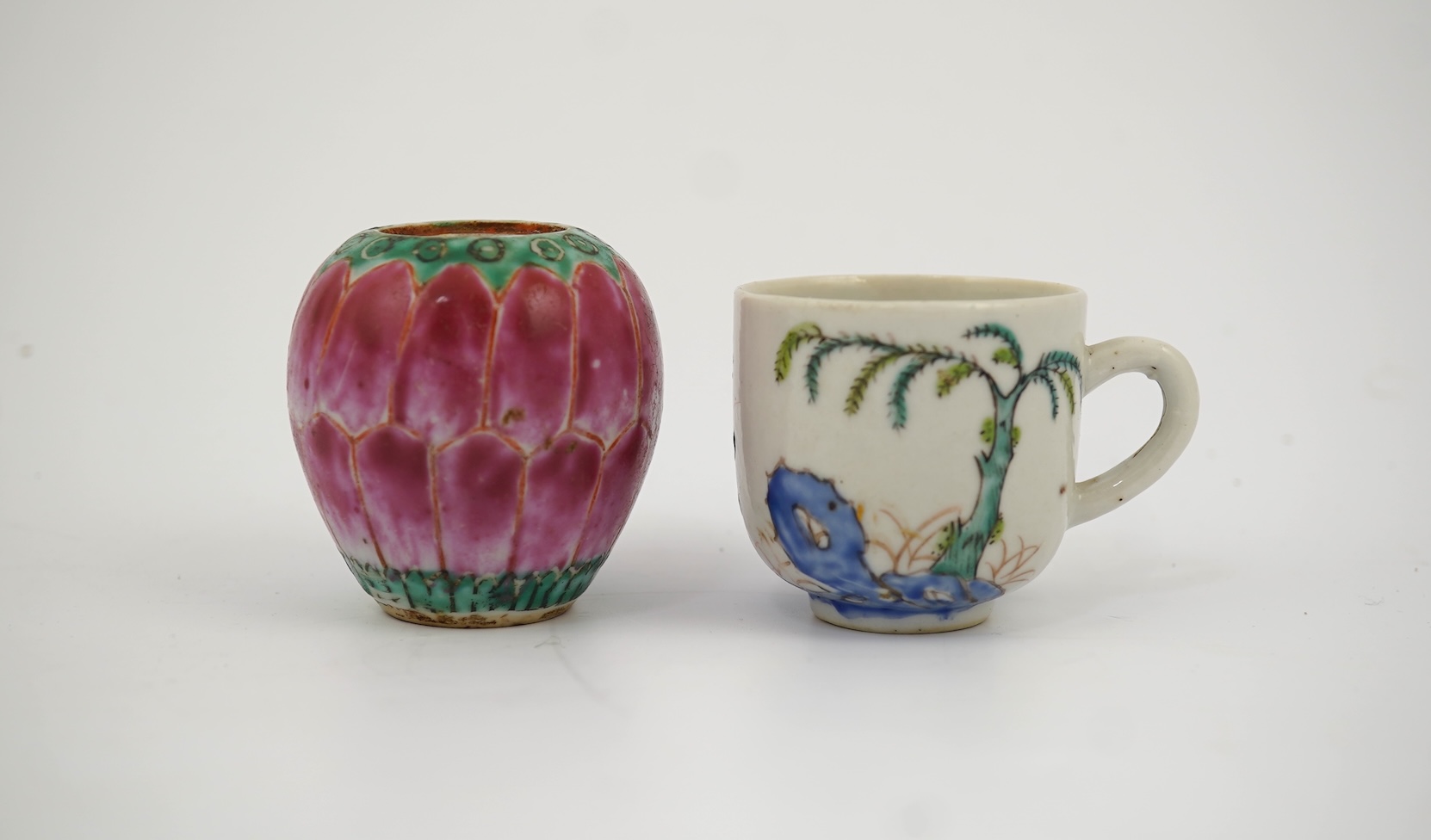 An unusual Chinese famille rose miniature coffee cup and a lotus bud shaped jar, Qianlong period